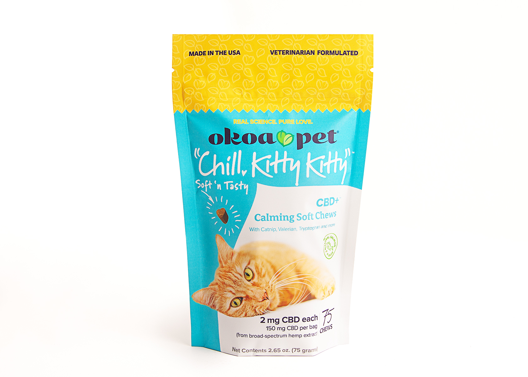Okoa Pet Chill Kitty Kitty CBD+ Calming Treats for Cats front of bag